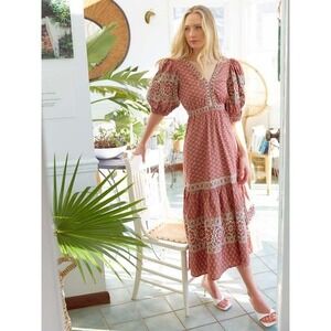 Sea New York Block Print Puff Sleeve Tiered Maxi Dress 6 Prairie Boho Smocked